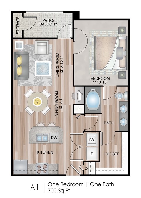 Floor plan for 1 bed, 1 bath, 700 sqft